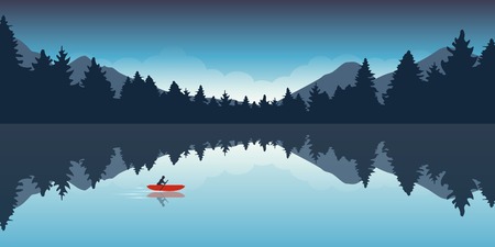 lonely canoeing adventure with red boat forest landscape vector illustration EPS10のイラスト素材