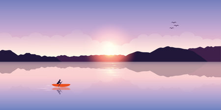 lonely canoeing adventure with orange boat at sunrise on the lake vector illustration EPS10のイラスト素材