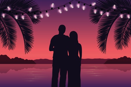 couple in love on purple paradise palm beach with fairy lights vector illustration EPS10のイラスト素材