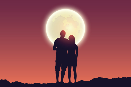 young couple looks to the full moon silhouette vector illustration EPS10のイラスト素材
