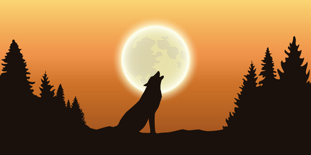 wolf howls at the full moon in forest orange sky vector illustration EPS10のイラスト素材