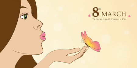 young girl with butterfly womans day 8th march greeting card vector illustration EPS10のイラスト素材