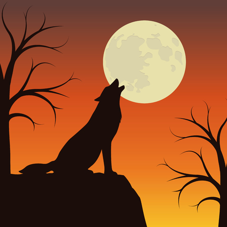 wolf howls at the full moon orange and brown landscape vector illustration EPS10のイラスト素材