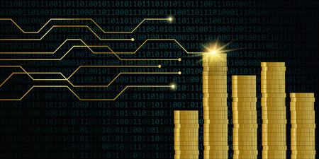 many golden digital coins with binary code background finance concept vector illustration EPS10のイラスト素材