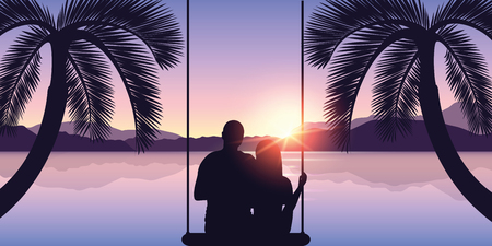 couple in love on a swing enjoys the sunset on the beach between two palm trees by the sea vector illustration EPS10のイラスト素材