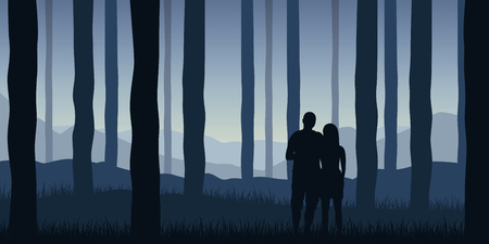 young couple makes a walk in the forest blue nature landscape vector illustration EPS10のイラスト素材