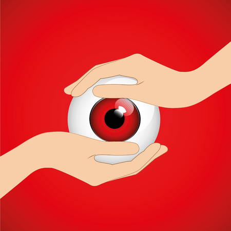 hands hold red irritated eye vector illustration EPS10のイラスト素材