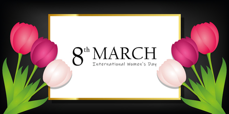 womans day 8th march black greeting card with colorful tulips vector illustration EPS10のイラスト素材