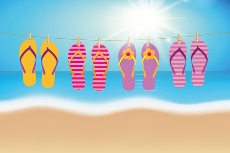colorful flip flops hang on a rope on the beach summer vacation vector illustration EPS10のイラスト素材