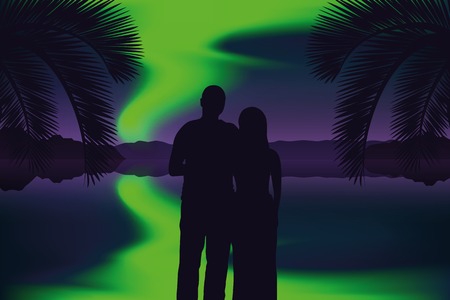 couple in love enjoys the view of the polar lights on the beach vector illustration EPS10のイラスト素材