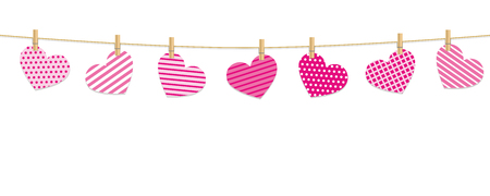 patterned hearts hang on a rope with clothespins vector illustration EPS10のイラスト素材