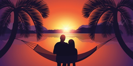 couple in a hammock enjoys the sunset on the beach between two palm trees by the sea vector illustration EPS10のイラスト素材