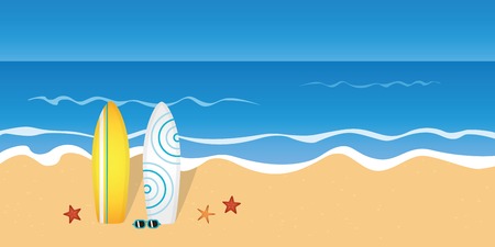 two surfboards and sunglasses on the beach with starfish vector illustration EPS10のイラスト素材