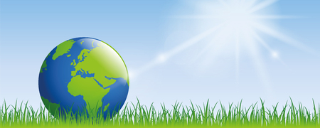 planet earth on green meadow with sunshine banner with copy spaceのイラスト素材