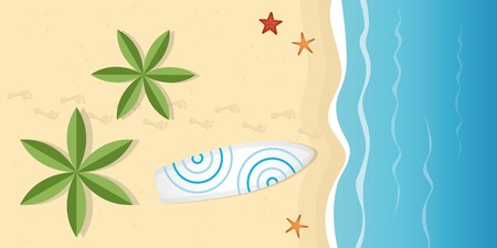 surfboard on palm beach with starfish and footprints summer holiday design vector illustration EPS10のイラスト素材