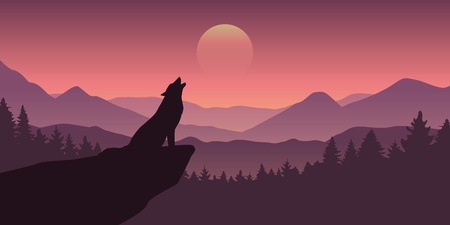 wolf howls at full moon purple wildlife nature landscape vector illustration EPS10のイラスト素材