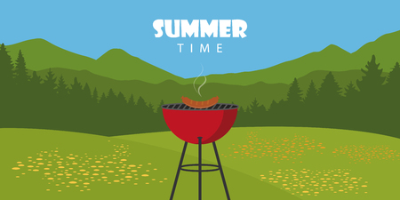 summer time outdoor bbq landscape with kettle barbecue and sausage vector illustration EPS10のイラスト素材