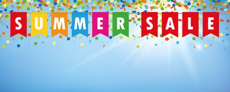 summer sale party flags banner with confetti rain on blue sunny background vector illustrationのイラスト素材