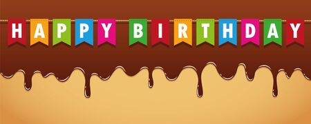 happy birthday party flags on sweet melting chocolate icing vector illustrationのイラスト素材