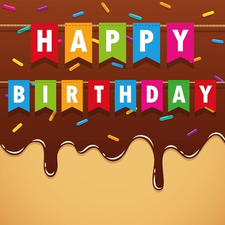 happy birthday party flags on sweet melting chocolate icing with colorful sprinkles vector illustrationのイラスト素材