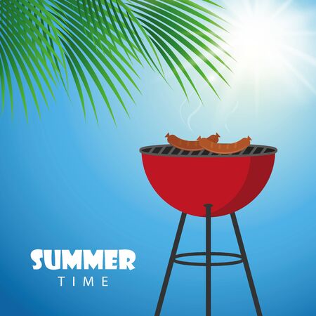 barbeque on a sunny summer day with palm leaf vector illustrationのイラスト素材