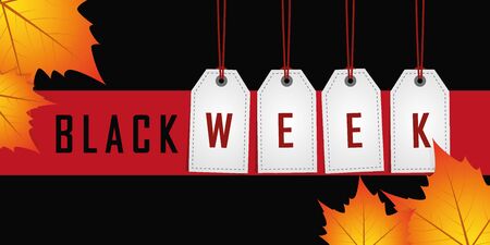 black week promotion hanging label on red background with autumn leaves vector illustration EPS10のイラスト素材