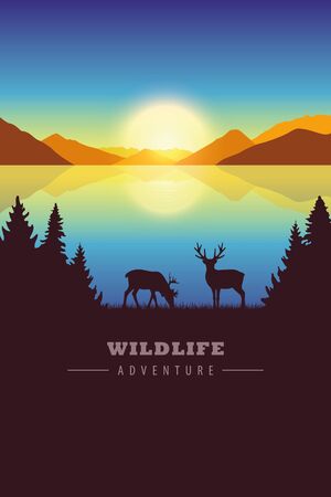 wildlife adventure elk in autumn landscape by the lake at sunset vector illustrationのイラスト素材