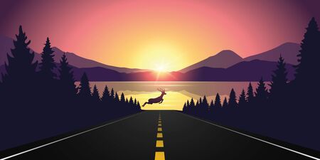 reindeer jumping over asphalted road purple wildlife mountain landscapeのイラスト素材