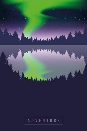 green polar lights in starry sky in the forest by lake vector illustration EPS10のイラスト素材