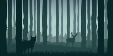 wolf is watching elk in green forest wildlife nature landscape vector illustration EPS10のイラスト素材