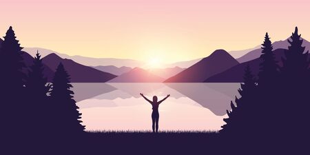 girl with raised arms by the lake at sunrise nature landscape vector illustration EPS10のイラスト素材