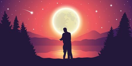 couple looks to the full moon and falling stars at beautiful lakeのイラスト素材