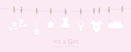 its a girl welcome greeting card for childbirth with hanging baby utensilsのイラスト素材