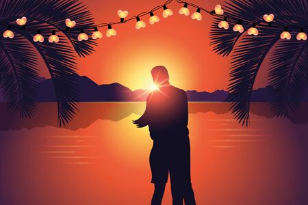 couple enjoy the romantic sunset at paradise beachのイラスト素材