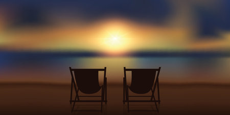 two deck chairs at magic sunset on the beach vector illustration EPS10のイラスト素材
