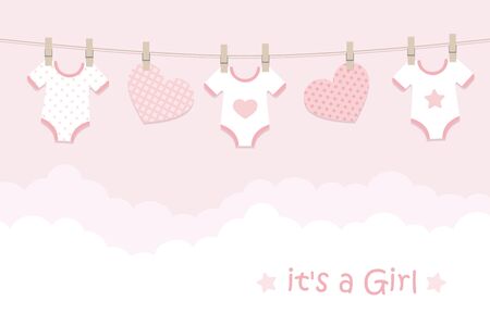 its a girl welcome greeting card for childbirth with hanging hearts and bodysuits vector illustration EPS10のイラスト素材