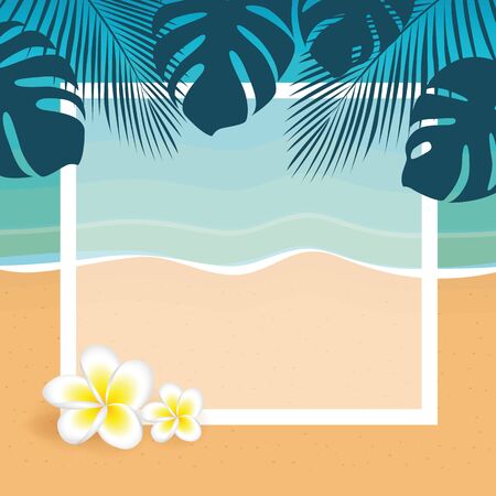 summer holiday frame on the palm beach with frangipani tropical flower vector illustration EPS10のイラスト素材