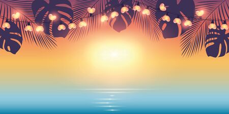 tropical summer paradise background with fairy light and palm leaves vector illustrationのイラスト素材