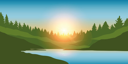 beautiful big river in a forest at sunrise landscape vector illustrationのイラスト素材