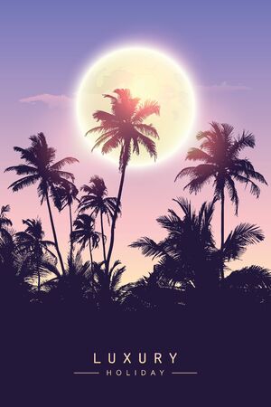 luxury holiday beautiful night by full moon and palm tree silhouette vector illustration EPS10のイラスト素材