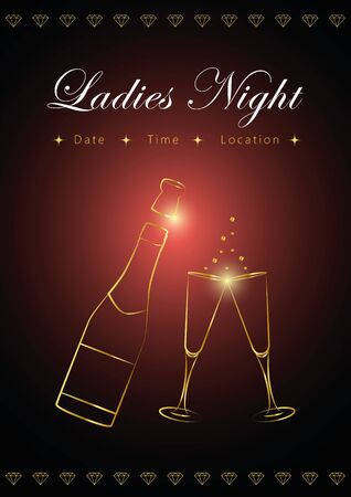 bottle and glasses of champagne vector ladies night poster vector illustrationのイラスト素材