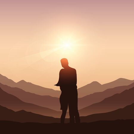 couple in love on mountain landscape at sunshine vector illustration EPS10のイラスト素材