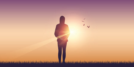lonely girl in summer on meadow at sunshine vector illustrationのイラスト素材