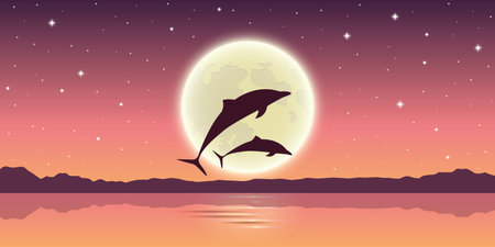 two dolphins jump out of the water in the moonlight vector illustration EPS10のイラスト素材