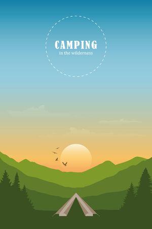 camping adventure in the wilderness tent in the forest at mountain landscape vector illustration EPS10のイラスト素材