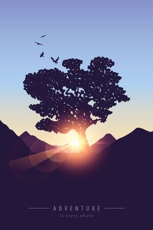 adventure mountain and big tree landscape background at sunset vector illustration EPS10のイラスト素材
