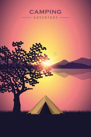 camping adventure tent by the lake with purple mountain landscape vector illustrationのイラスト素材