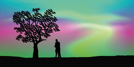 couple in love under a tree with aurora borealis polar lights background vector illustration EPS10のイラスト素材