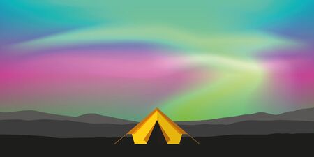 yellow tent camping adventure with aurora borealis polar lights background vector illustrationのイラスト素材