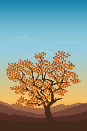 red tree in autumn on mountain landscape at sunset vector illustration EPS10のイラスト素材